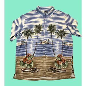 Croft & Barrow Mens Tropical Hawaiian Button-Up Shirt Size L Blue & Brown Palm T